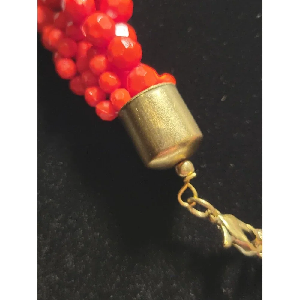 Chunky Red Statement Necklace Multi-Strand Faceted Beaded Bib Boho Festive